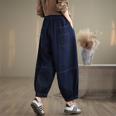 Babakud Women Autumn Retro Elastic Waist Bloomers Jeans