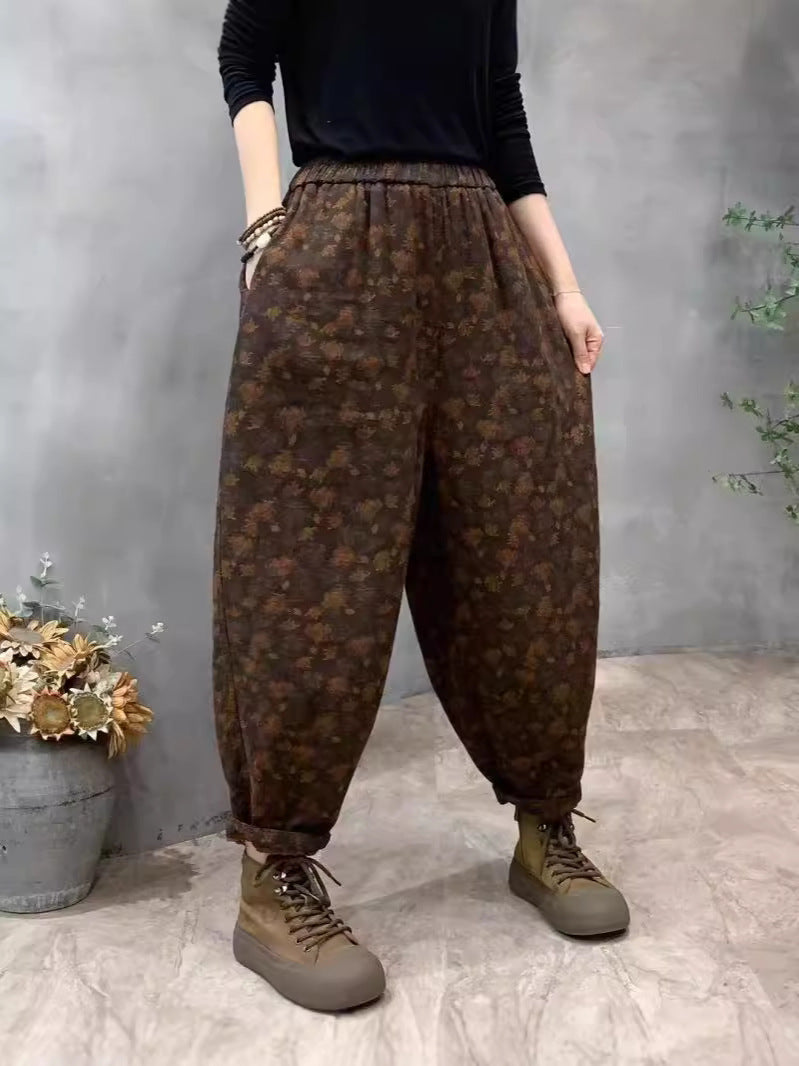 Babakud Women Autumn Retro Printed Cotton Floral Casual Harem Pants