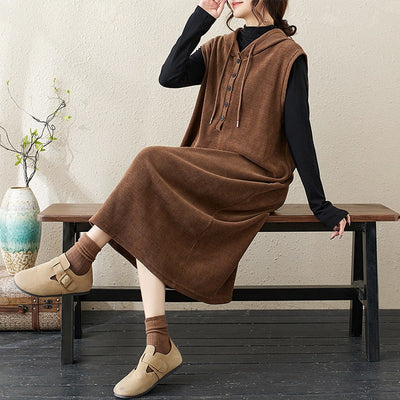 Babakud Women Autumn Retro Corduroy Hoodie Dress