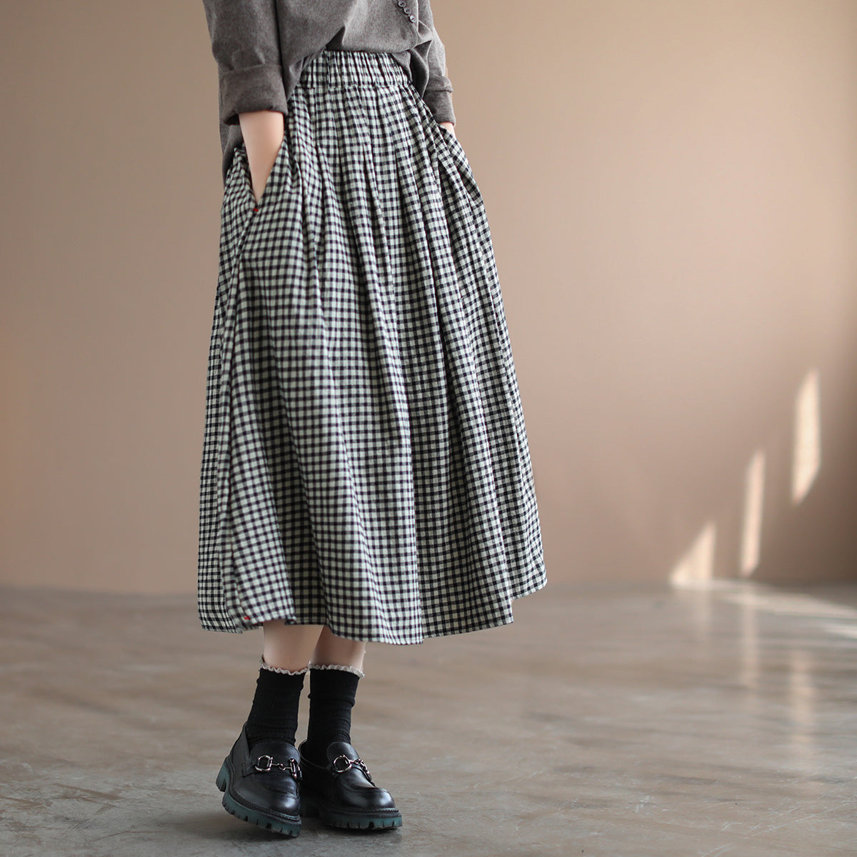 Babakud Women Spring Vintage Cotton Linen Plaid A-Line Skirt