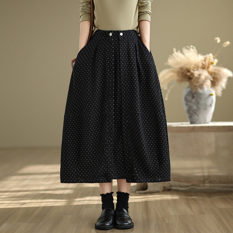 Babakud Women Spring Vintage Knit Denim Skirt with Polka Dot Design