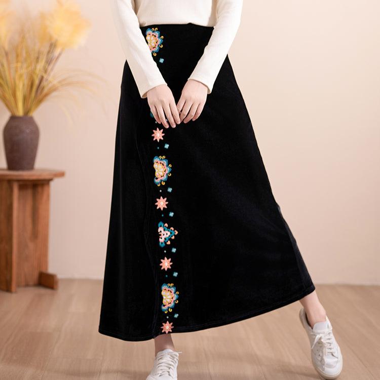 Women Autumn Floral Embroidered Velvet A- Line Skirt