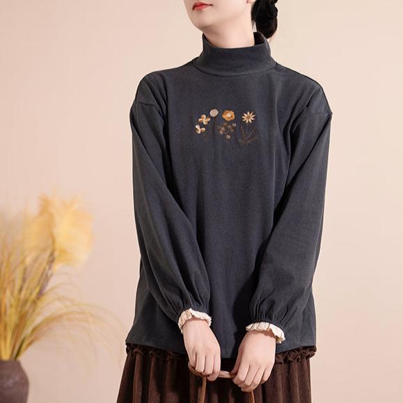 Women Winter Vintage Embroidered Long Sleeves Turtleneck Cotton Shirt