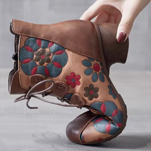 Babakud Women Winter Ethnic Style Floral Leather Boots