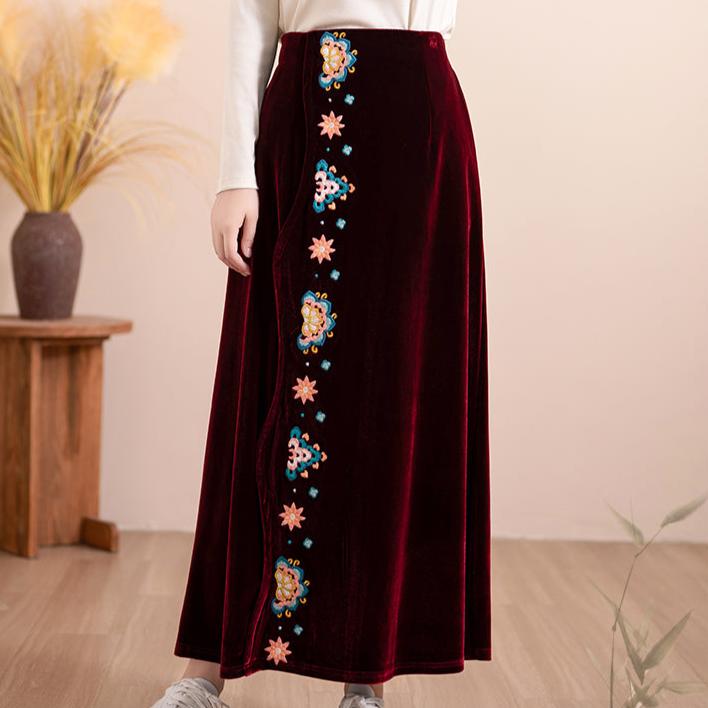 Women Autumn Floral Embroidered Velvet A- Line Skirt