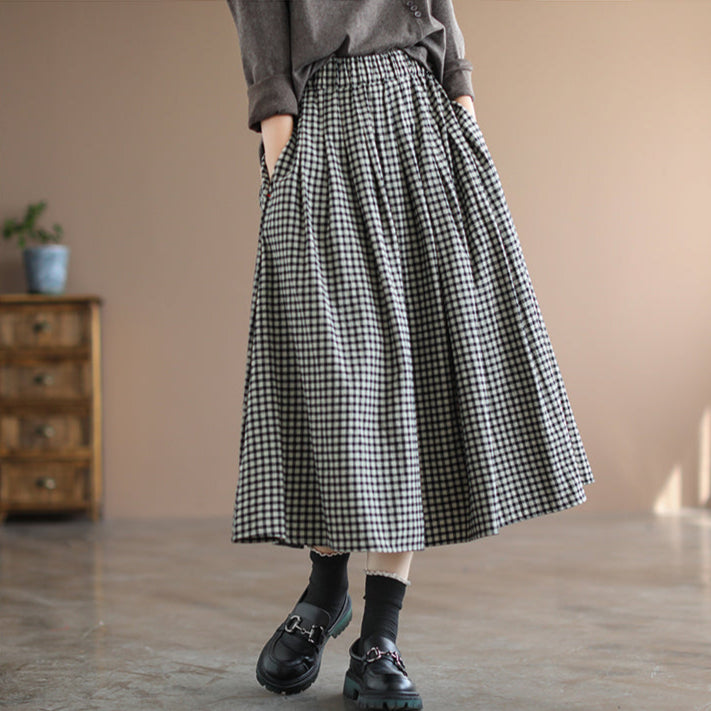 Babakud Women Spring Vintage Cotton Linen Plaid A-Line Skirt