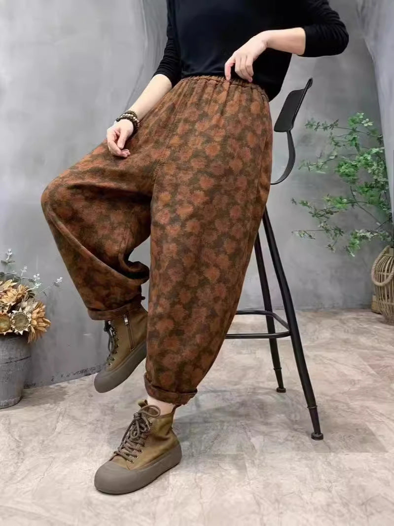 Babakud Women Autumn Retro Printed Cotton Floral Casual Harem Pants