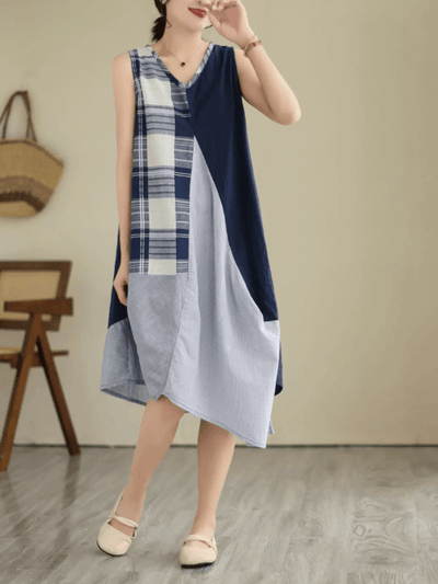 Babakud Women Patchwork Cotton Linen Midi Dress