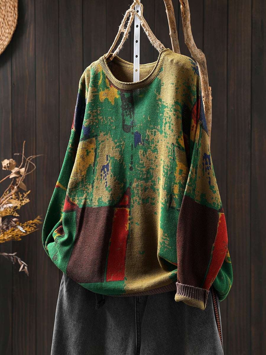 Babakud Women Autumn Retro Loose Painted Cotton Knitted Sweater