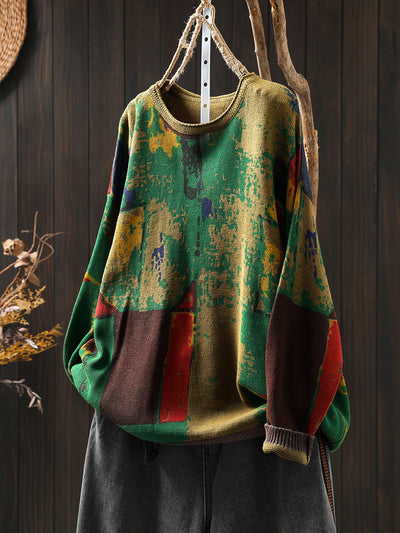 Babakud Women Autumn Retro Loose Painted Cotton Knitted Sweater