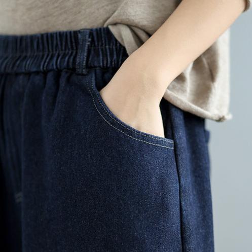 Women Winter Retro Casual Fleece-Lined Wide-Leg Denim Pants