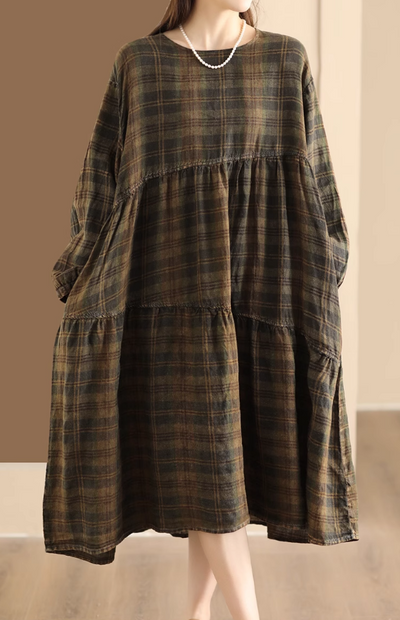 Babakud Women Autumn Plaid Linen A- Line Dress