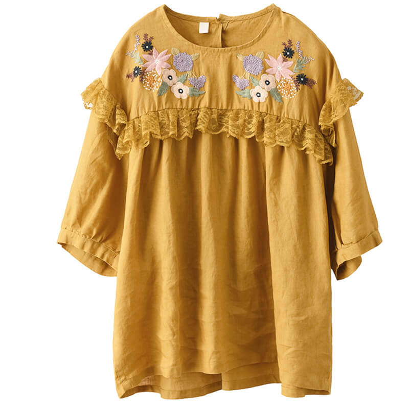 Babakud Women Summer Retro Embroidery Floral T- Shirt