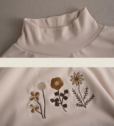 Women Winter Vintage Embroidered Long Sleeves Turtleneck Cotton Shirt