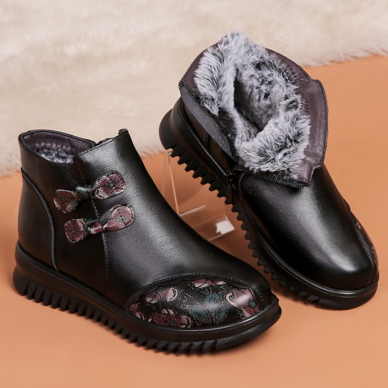 Babakud Women Winter Retro Leather Floral Fleece-Lined Boots