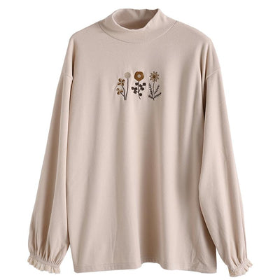 Women Winter Vintage Embroidered Long Sleeves Turtleneck Cotton Shirt