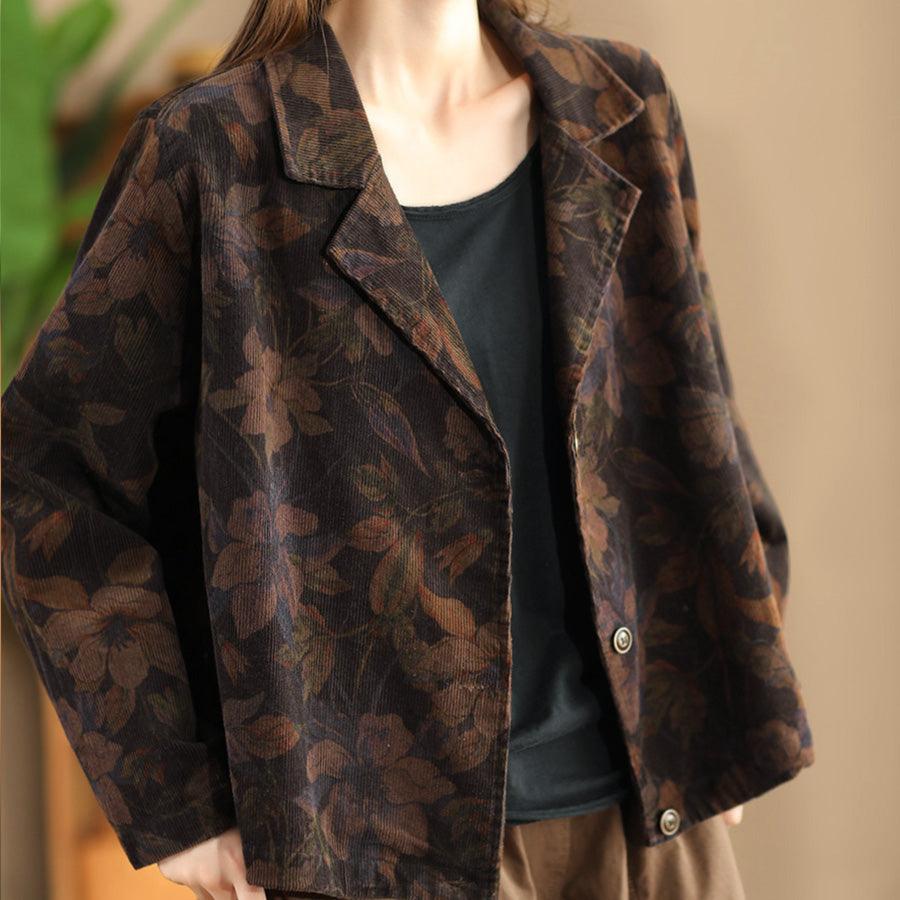 Babakud Women Autumn Floral Printed Cotton Corduroy Jacket