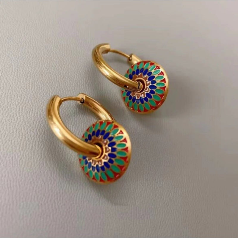 Babakud Women Vintage Enamel Glaze Daisy Hoop Earrings