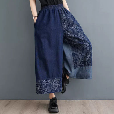 Babakud Women Two-Tone Denim Print Wide Legs Pants