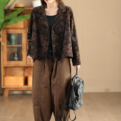 Babakud Women Autumn Floral Printed Cotton Corduroy Jacket