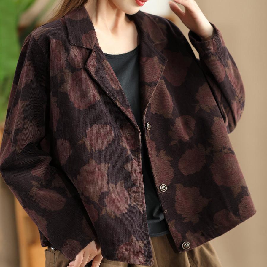 Babakud Women Autumn Floral Printed Cotton Corduroy Jacket