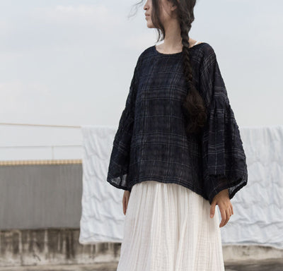 Loose Ruffled Semi- Sheer Jacquard Plaid Ramie Tops