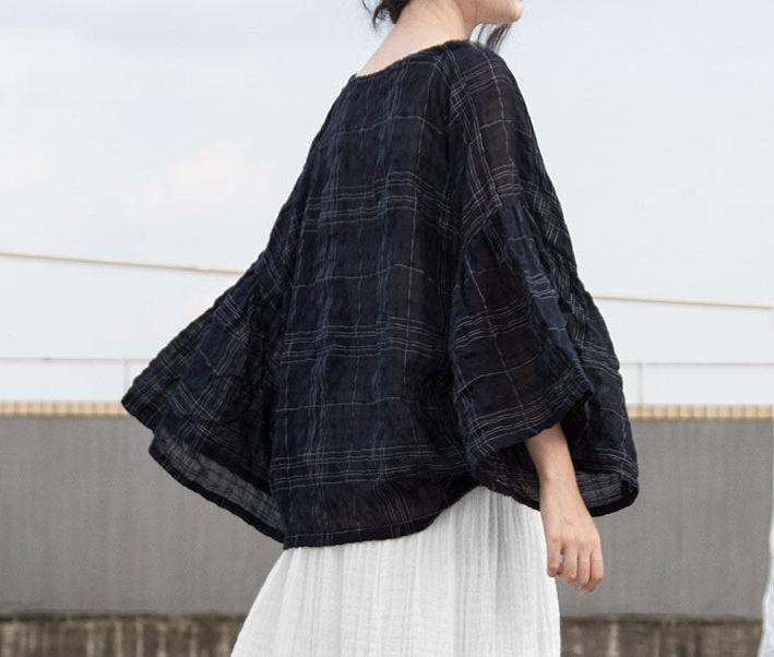 Loose Ruffled Semi- Sheer Jacquard Plaid Ramie Tops