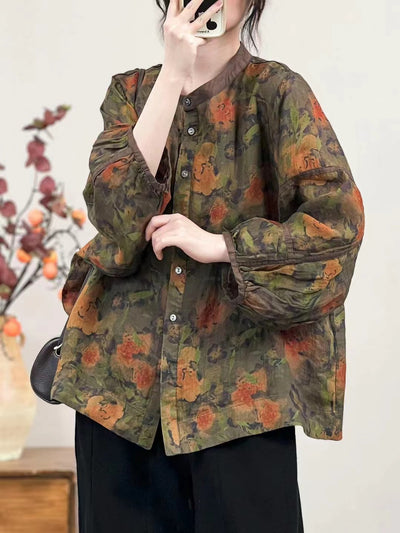 Babakud Women Autumn Retro Printed Floral Ramie Shirt