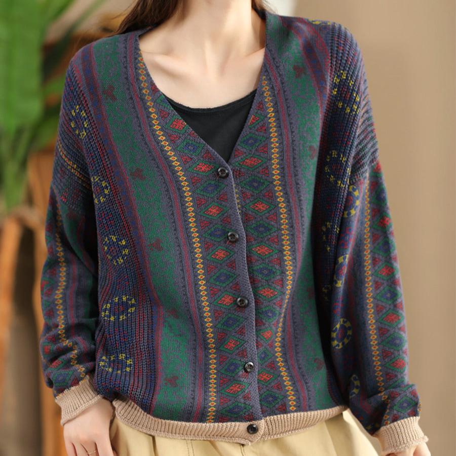 Babakud Women Autumn Color Printed Cotton Knit Cardigan