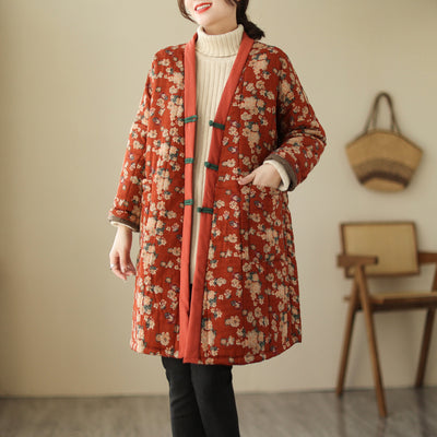 Babakud Women Winter Plus Size Retro Cotton Linen Printed Buttoned Quilted Coat