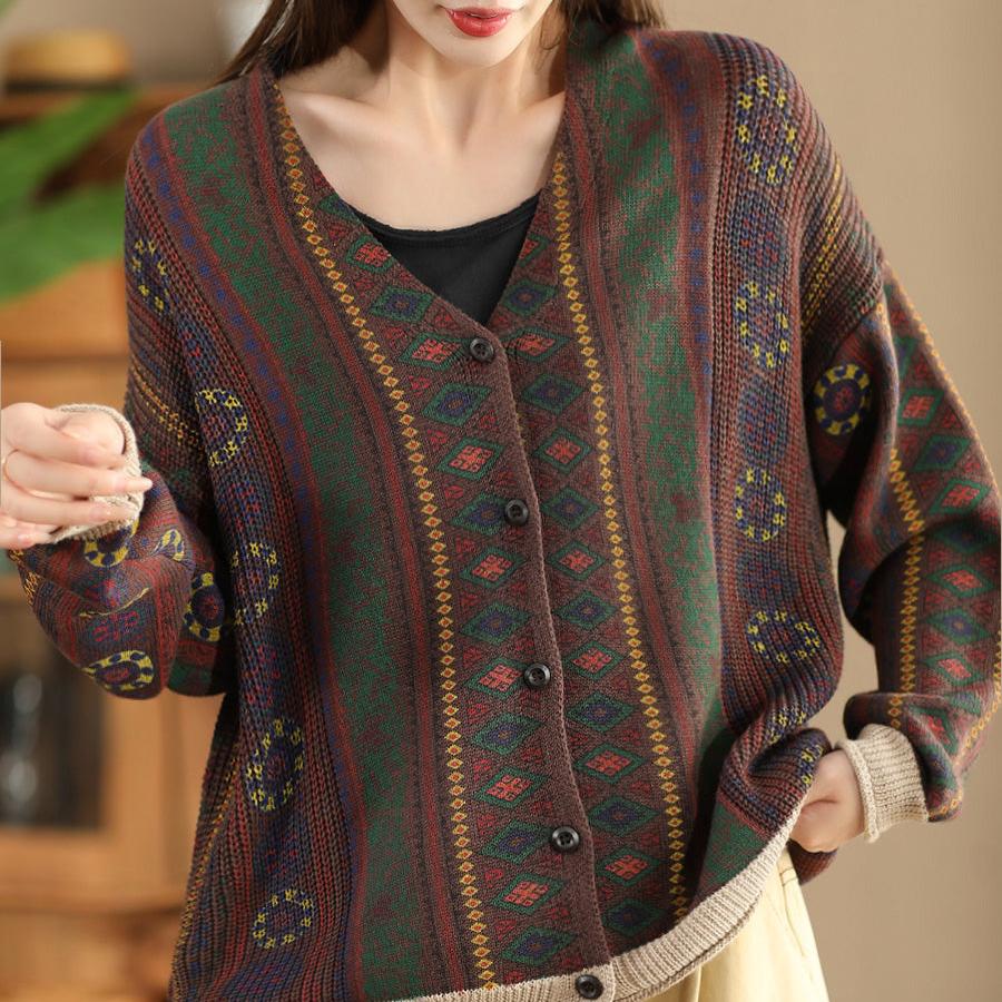 Babakud Women Autumn Color Printed Cotton Knit Cardigan