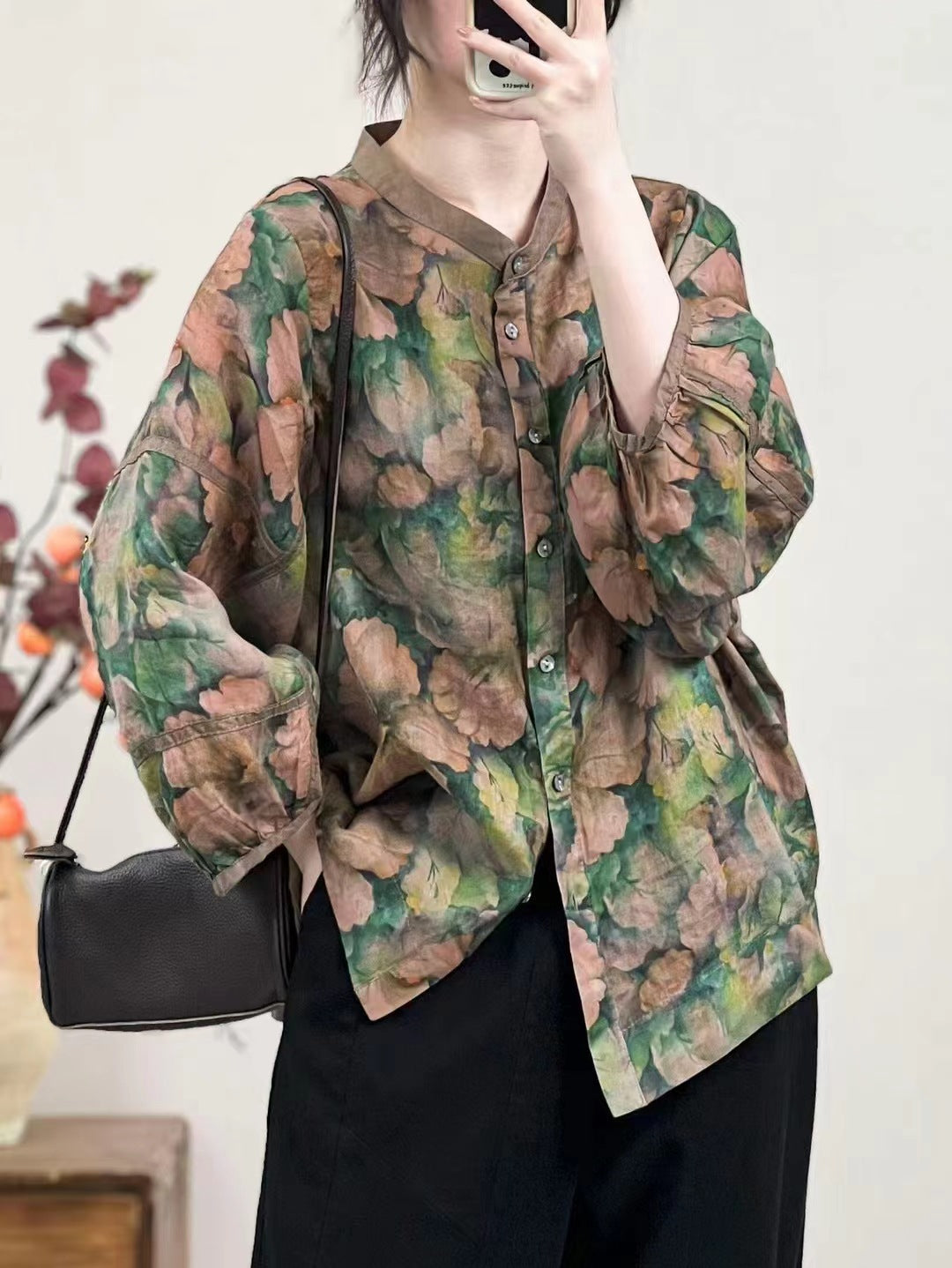 Babakud Women Autumn Retro Printed Floral Ramie Shirt