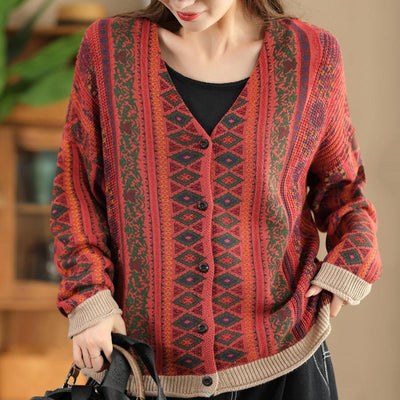 Babakud Women Autumn Color Printed Cotton Knit Cardigan