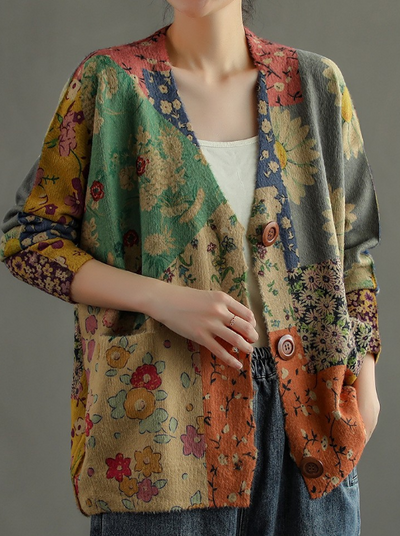 Babakud Women Autumn Retro Floral Cotton Cardigan