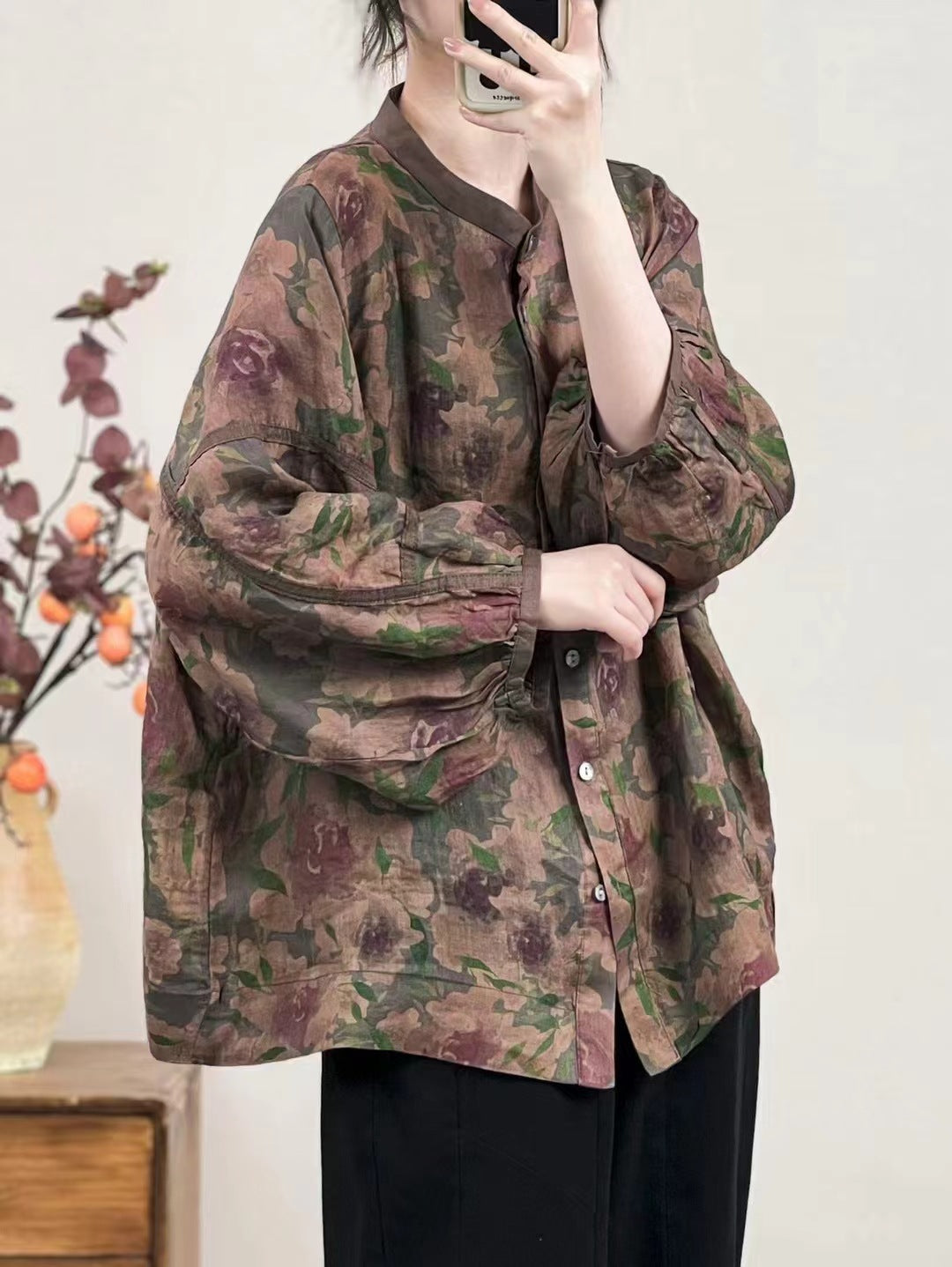 Babakud Women Autumn Retro Printed Floral Ramie Shirt