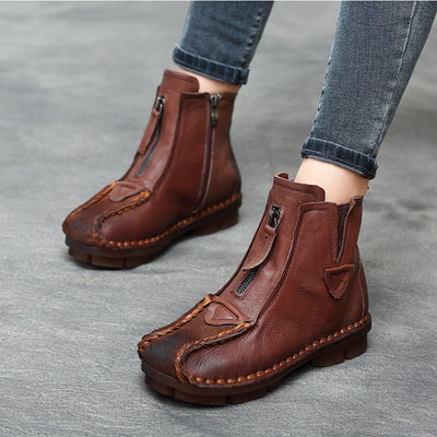 Babakud Trendy Ethnic Retro Handmade Leather Zipper Short Boots