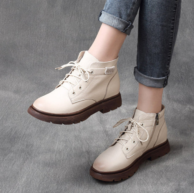 Babakud Women Retro Lace-Up Fashion Genuine Leather Booties