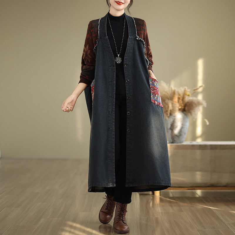 Babakud Women Autumn Retro Patchwork Denim Loose Coat