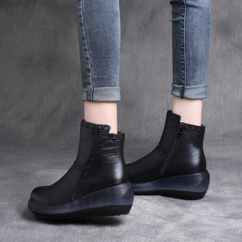 Women Trendy Warm Platform Side Zipper Wedge Heel Short Boots