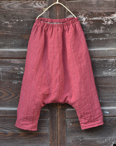 Women Striped Warm Drop-Crotch Cotton Linen Pants