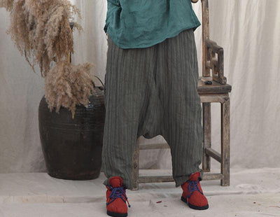 Women Striped Warm Drop-Crotch Cotton Linen Pants