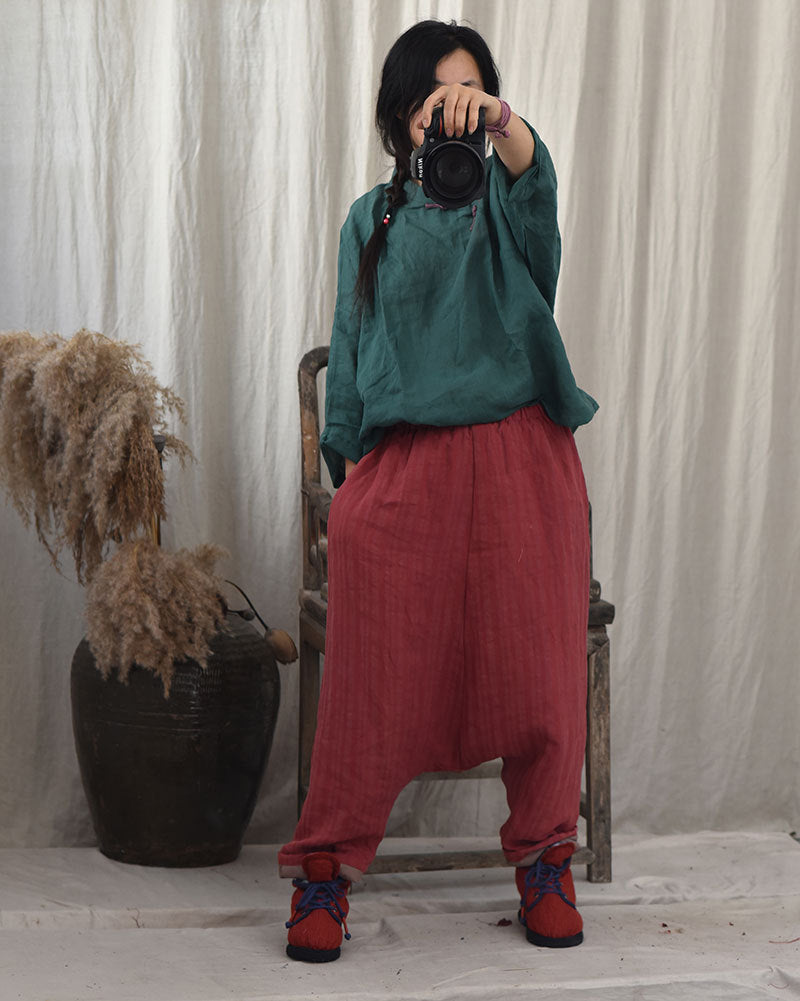 Women Striped Warm Drop-Crotch Cotton Linen Pants