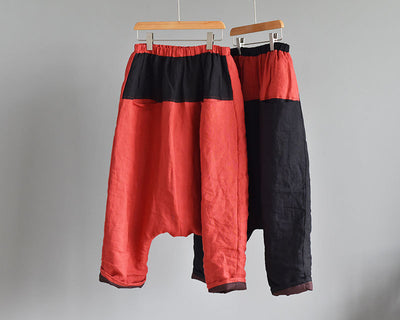 Women Color Block Warm Drop-Crotch Cotton Harem Pants