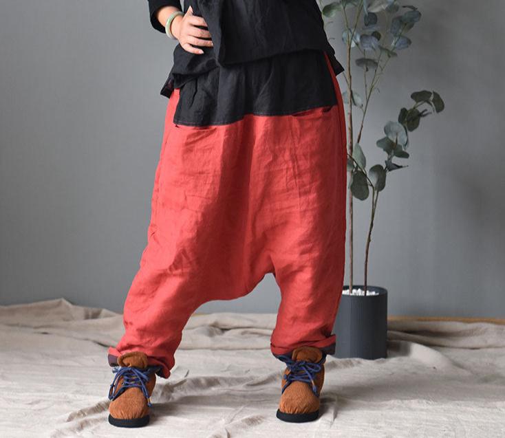 Women Color Block Warm Drop-Crotch Cotton Harem Pants