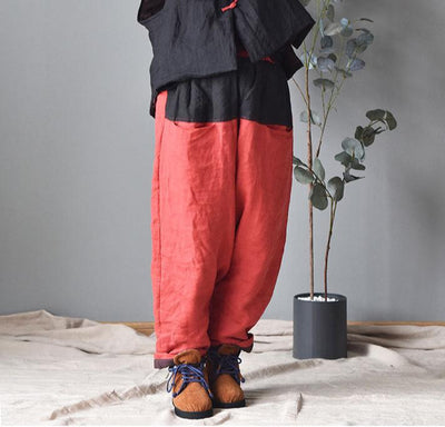 Women Color Block Warm Drop-Crotch Cotton Harem Pants