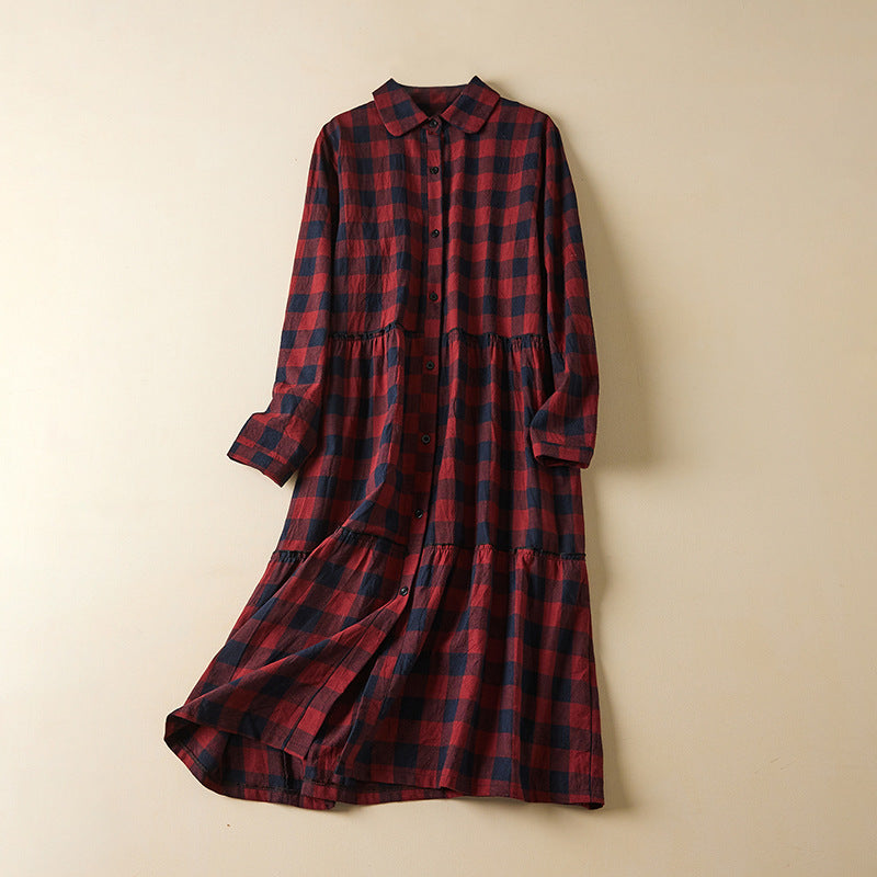 Babakud Women Autumn Loose Cotton Linen Plaid Long Sleeves Dress