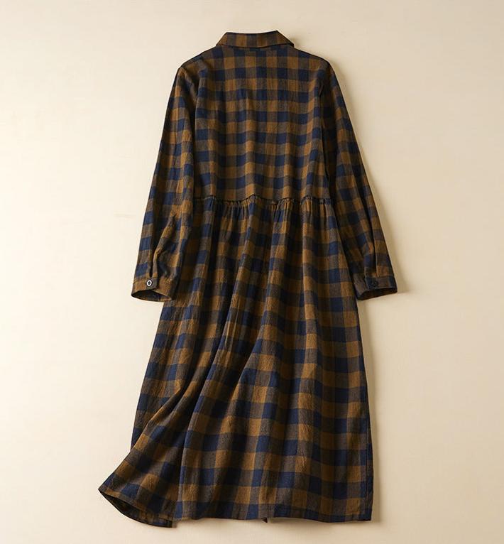 Babakud Women Autumn Loose Cotton Linen Plaid Long Sleeves Dress