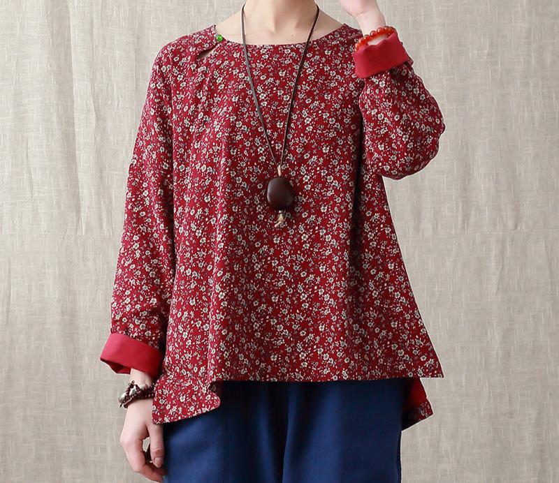 Women Loose Floral Printed Asymmetric Cotton Blouse