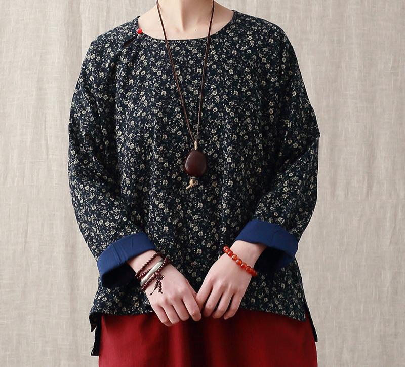 Women Loose Floral Printed Asymmetric Cotton Blouse