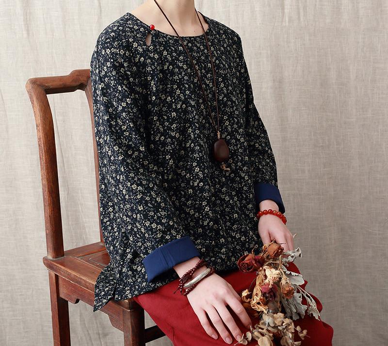 Women Loose Floral Printed Asymmetric Cotton Blouse